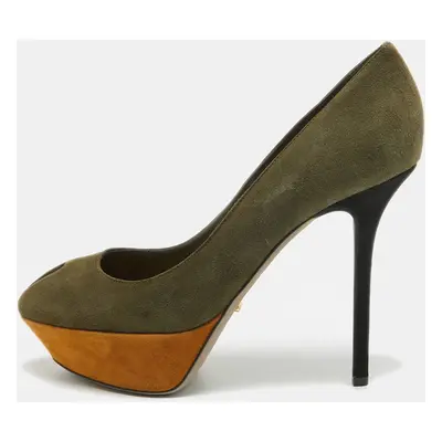 Sergio Rossi Army Green Suede Peep Toe Platform Pumps Size