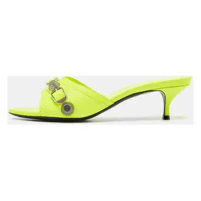 Balenciaga Neon Yellow Leather Le Cagole Studded Slide Sandals Size