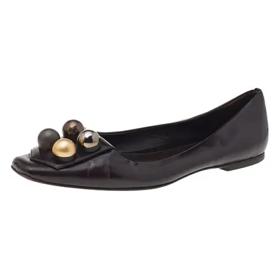 Fendi Dark Brown Leather Embellished Ballet Flats Size