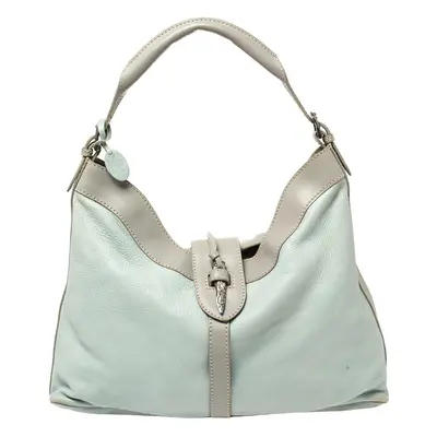 Valentino Mint Blue/Grey Grain Leather Metal Flap Hobo