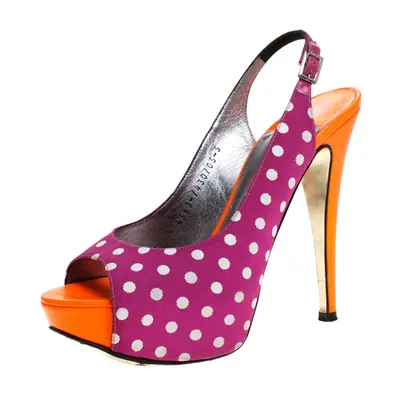 Gina Purple/Orange Polka Dot Fabric And Patent Open Toe Slingback Sandals Size