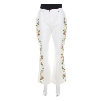 Escada White Cotton Stretch Denim Floral Embroidered Detail Flared Trousers