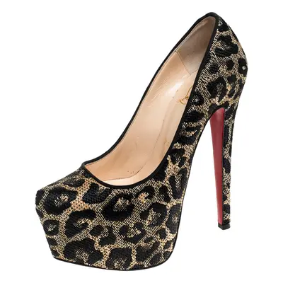 Christian Louboutin Two Tone Leopard Weave Raffia Daffodile Platform Pumps Size 37.5