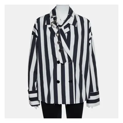 Marques Almeida Navy Blue & White Striped Cotton Double Breasted Belted Blazer