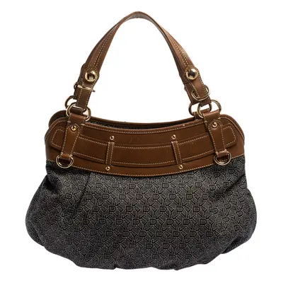 Dkny Navy Blue/Brown Monogram Canvas and Leather Hobo