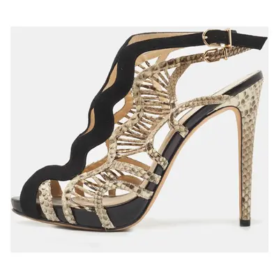 Alexandre Birman Black Suede and Python Leather Cut Out Slingback Sandals Size