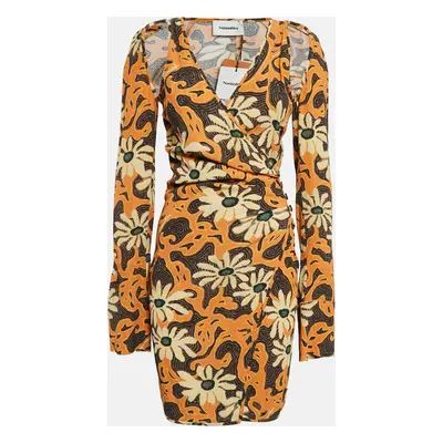 Nanushka Orange Floral Print Crepe Cut-Out Mini Wrap Dress