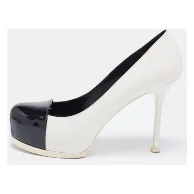 Saint Laurent Black/White Leather and Patent Tribtoo Pumps Size