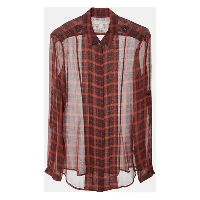 Burberry Brit Brick Red Plaid Check Silk Crepe Pleated Shirt