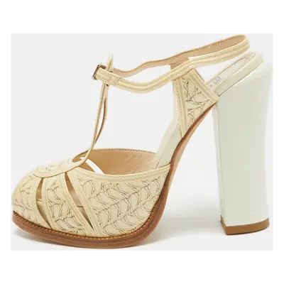 Fendi Cream Patent Leather T-Bar Ankle Strap Sandals Size