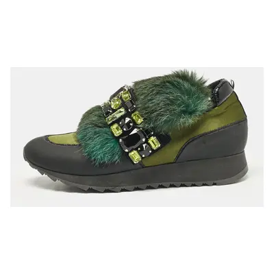 Loriblu Green Mink Fur and Satin Crystal Embellished Lace Up Sneakers Size