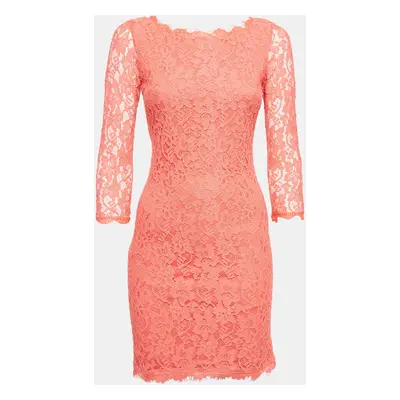 Diane Von Furstenberg Coral Pink Lace Long Sleeve Mini Dress