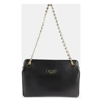 Gucci Black Leather Linea Marina Chain Shoulder Tote Bag