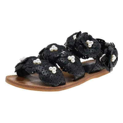 Chanel Black Leather Camellia Flower Pearl Embellished Flat Sandals Size 37.5