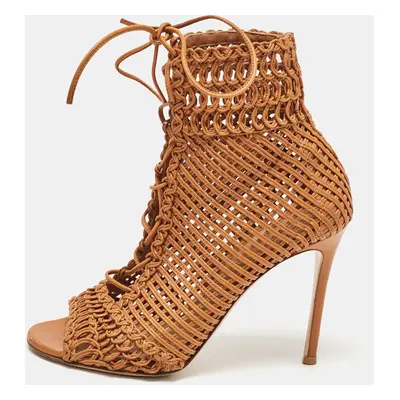 Gianvito Rossi Tan Woven Leather Marnie Ankle Boots Size 37.5