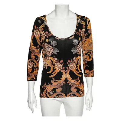 Just Cavalli Black Floral Printed Jersey Scoop Neck T-Shirt