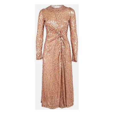 Galvan London Rose Gold Sequin Embellished Mesh Draped Midi Dress