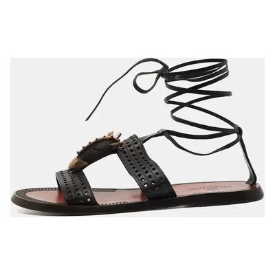 Valentino Black Perforated Leather Ankle Tie Sandals Size