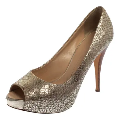 Giuseppe Zanotti Metallic Gold Python Embossed Leather Peep Toe Platform Pumps Size 39.5