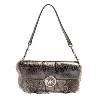 Michael Kors Metallic Grey Python Embossed Leather and Rabbit Fur Fulton Baguette