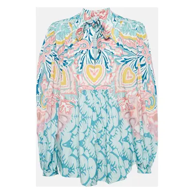 Etro Blue Printed Cotton Blend Billow Sleeve Blouse