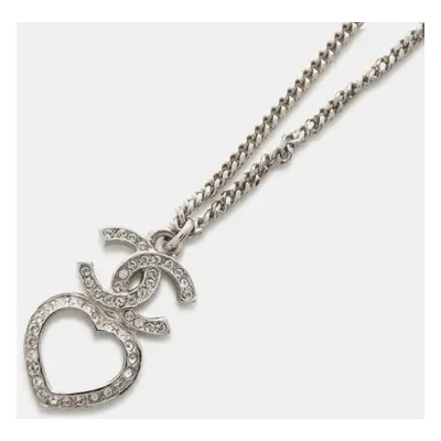 Chanel Silver Metal Rhinestone CC Logo & Heart Necklace