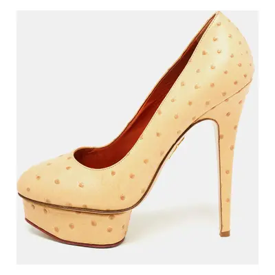 Charlotte Olympia Beige Ostrich Leather Dolly Platform Pumps Size