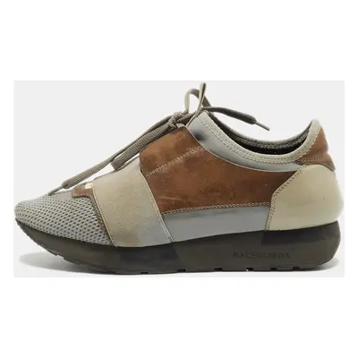 Balenciaga Grey/Brown Leather and Mesh Race Runner Sneakers Size