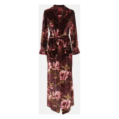 F.R.S For Restless Sleepers Burgundy Floral Print Velvet Robe Dress