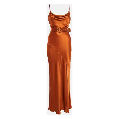 Nicholas Brown Satin Cowl Neck Belted Maxi Slip Dress