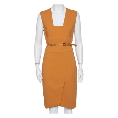 Elie Saab Camel Brown Crepe Pleated Detail Belted Sleeveless Dress