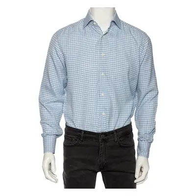 Ermenegildo Zegna Light Blue Check Cotton Button Front Regular Fit Shirt