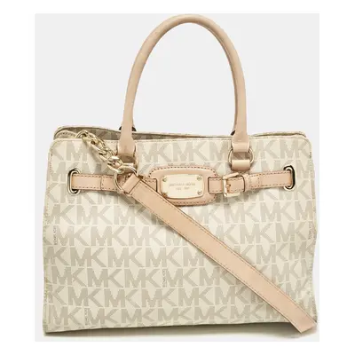 Michael Kors Beige/Off White Signature Coated Canvas and Leather East/West Hamilton Tote