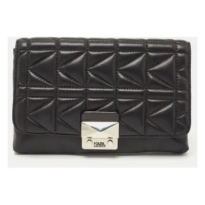 Karl Lagerfeld Black Quilted Leather Pushlock Flap Clutch