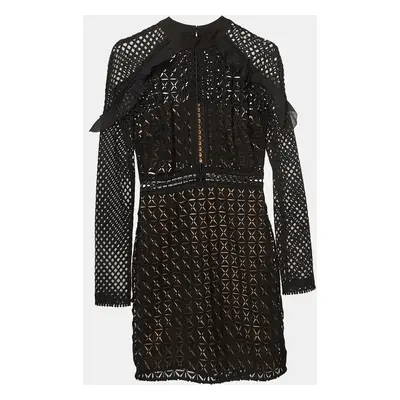 Self-Portrait Black Geometric Pattern Lace Ruffled Mini Dress