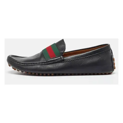 Gucci Black Leather Web Trim Slip On Loafers Size 41.5