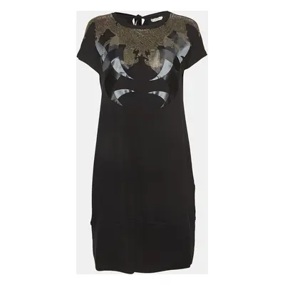 Versace Collection Black Satin Applique Jersey Embellished Mini Dress