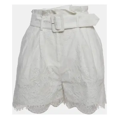 Self-Portrait White Embroidered Cotton Belted Shorts