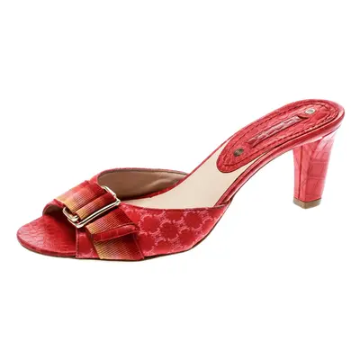 Celine Red Croc Embossed Leather And Fabric Slide Sandals Size