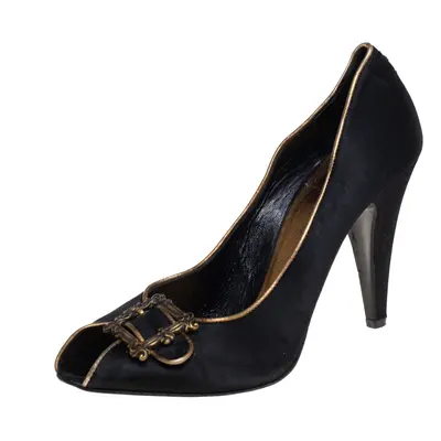 Le Silla Black Satin Buckle Peep-Toe Pumps Size