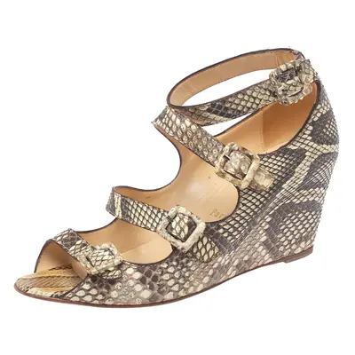 Christian Louboutin Beige Python Caged Buckle Wedge Sandals Size