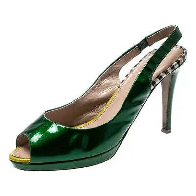 Sergio Rossi Green Patent Leather Peep Toe Slingback Sandals Size