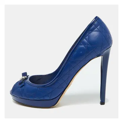 Dior Blue Cannage Leather and Patent Bow Peep Toe Platform Pumps Size