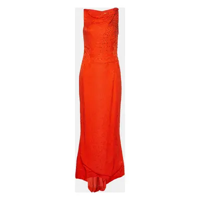 Carolina Herrera Orange Crinkled Silk Embellished Maxi Dress