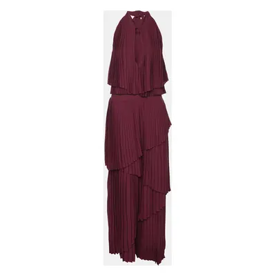 Elie Saab Burgundy Polyester Halterneck Pleated Long Dress