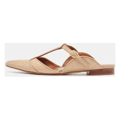 Malone Souliers Beige/Leather Raffia and Leather Marion Buckle Detail Flat Sandals Size