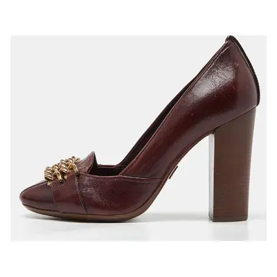 Tory Burch Burgundy Leather Chain Detail Block Heel Pumps Size 39.5