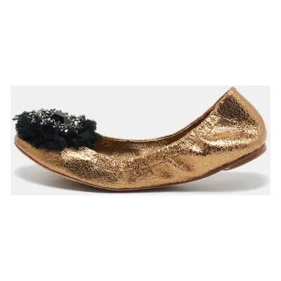 Tory Burch Metallic Textured Leather Embellished Flower Applique Scrunch Ballet Flats Size