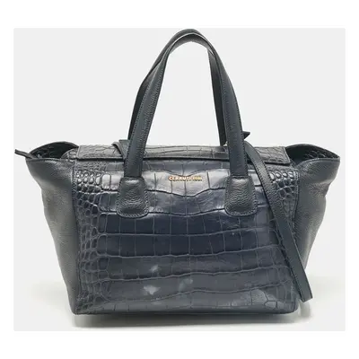 Cerruti Navy Blue Croc Embossed Faux Leather Shopper Tote