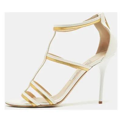 Jimmy Choo White/Gold Patent and Leather Ankle Sandals Size 39.5